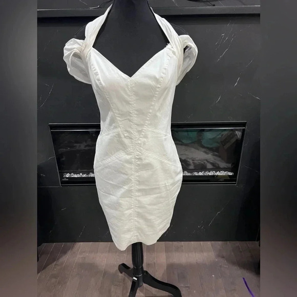 Bebe |  Structured White Halter Dress With Off Shoulder Detail | Size M - Picture 2 of 12